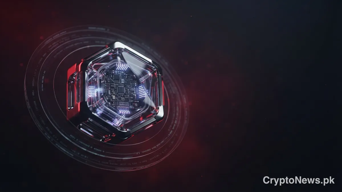 A glowing glass and chrome security node with pulsing circuitry surrounded by translucent data rings in a dark void.