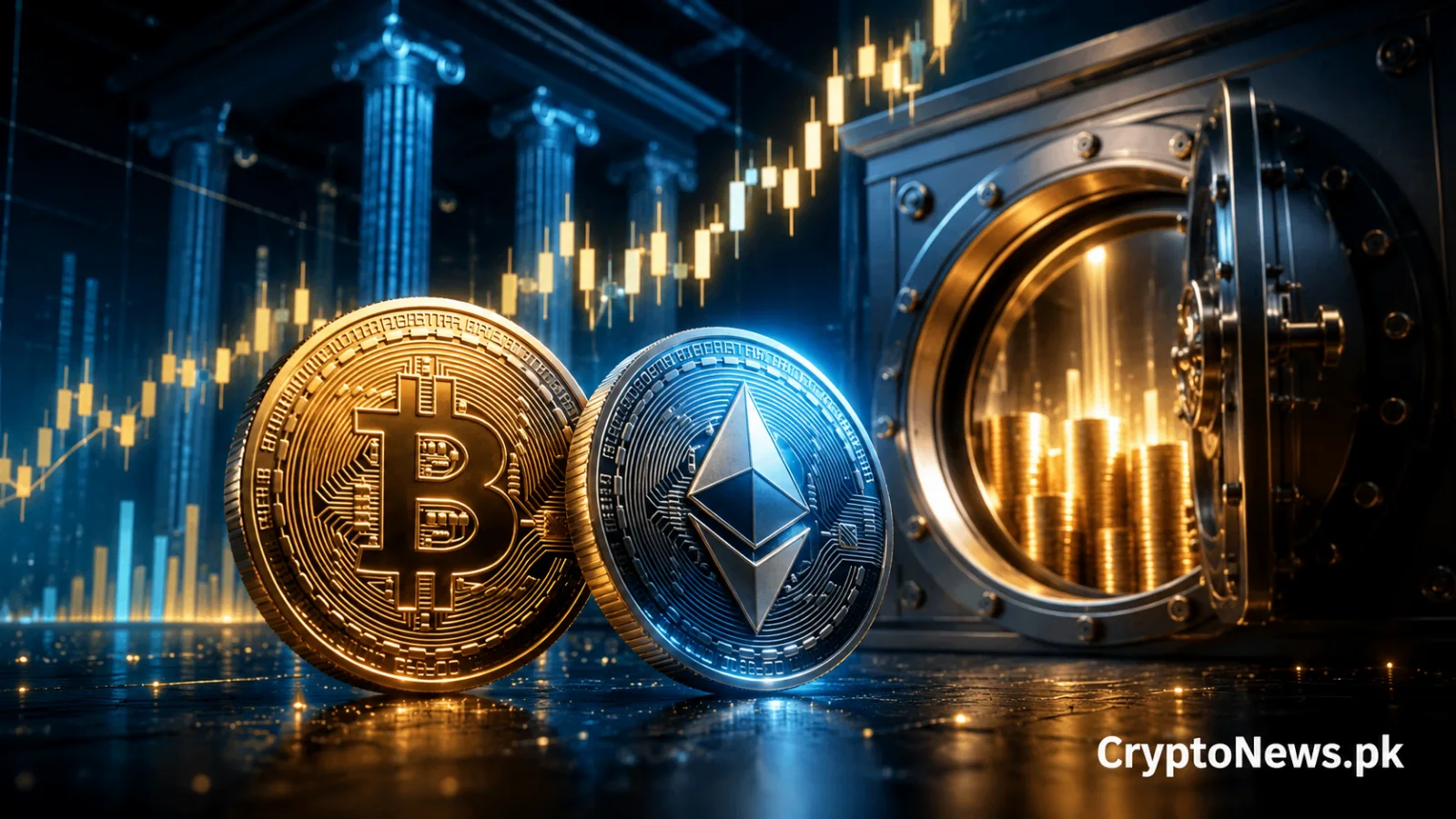 Bitcoin and Ethereum coins beside an illuminated institutional vault with a rising market chart, representing strong ETF inflows and growing institutional crypto demand.