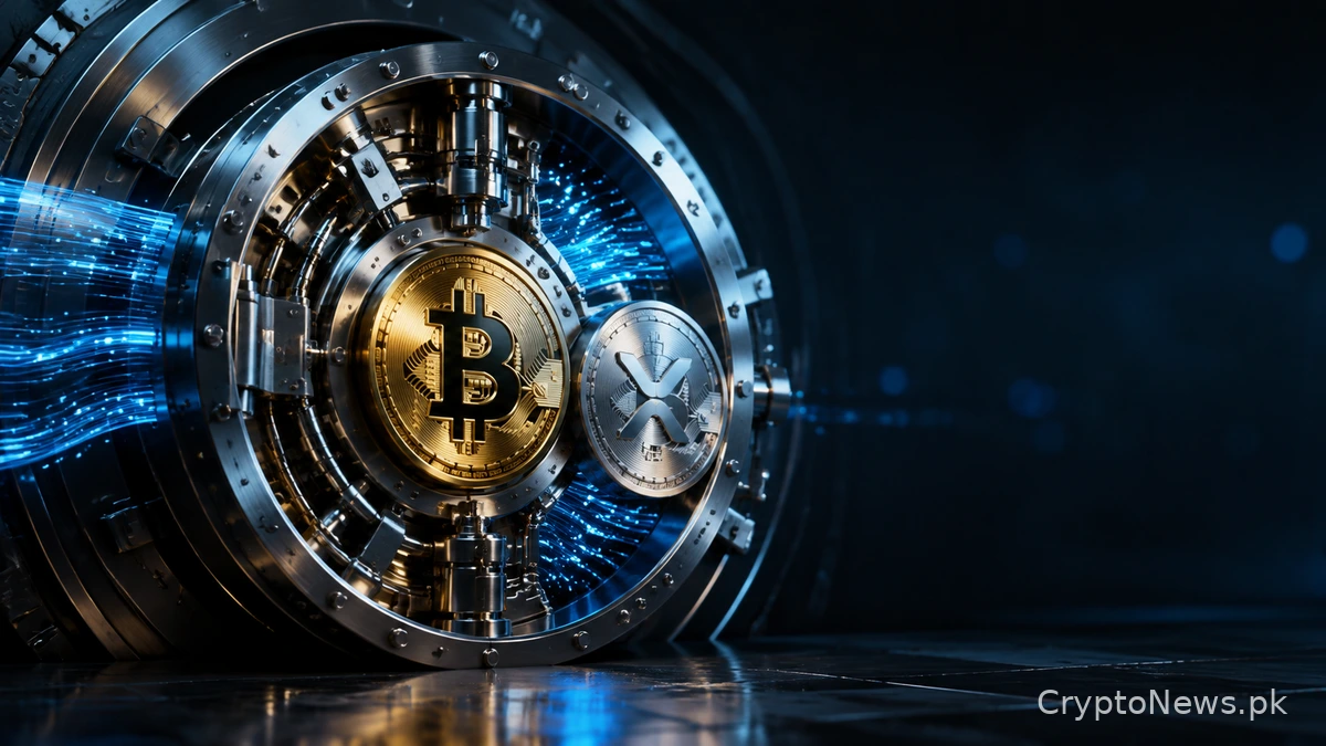 Bitcoin and XRP medallions inside an institutional vault as ETF capital inflows surge.