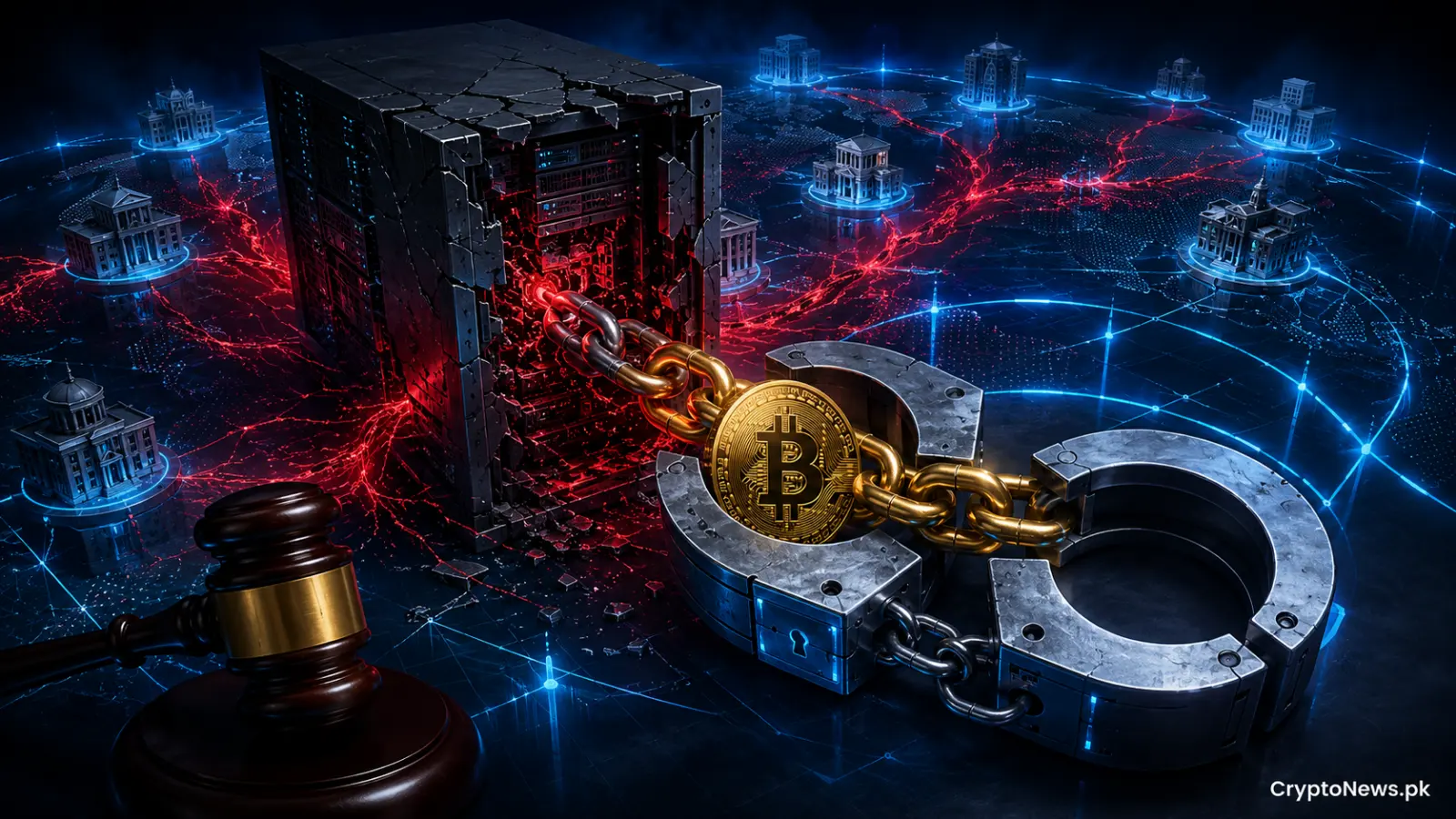 Handcuffs secure a Bitcoin-linked chain connected to a compromised server after a global cyber-extortion campaign.