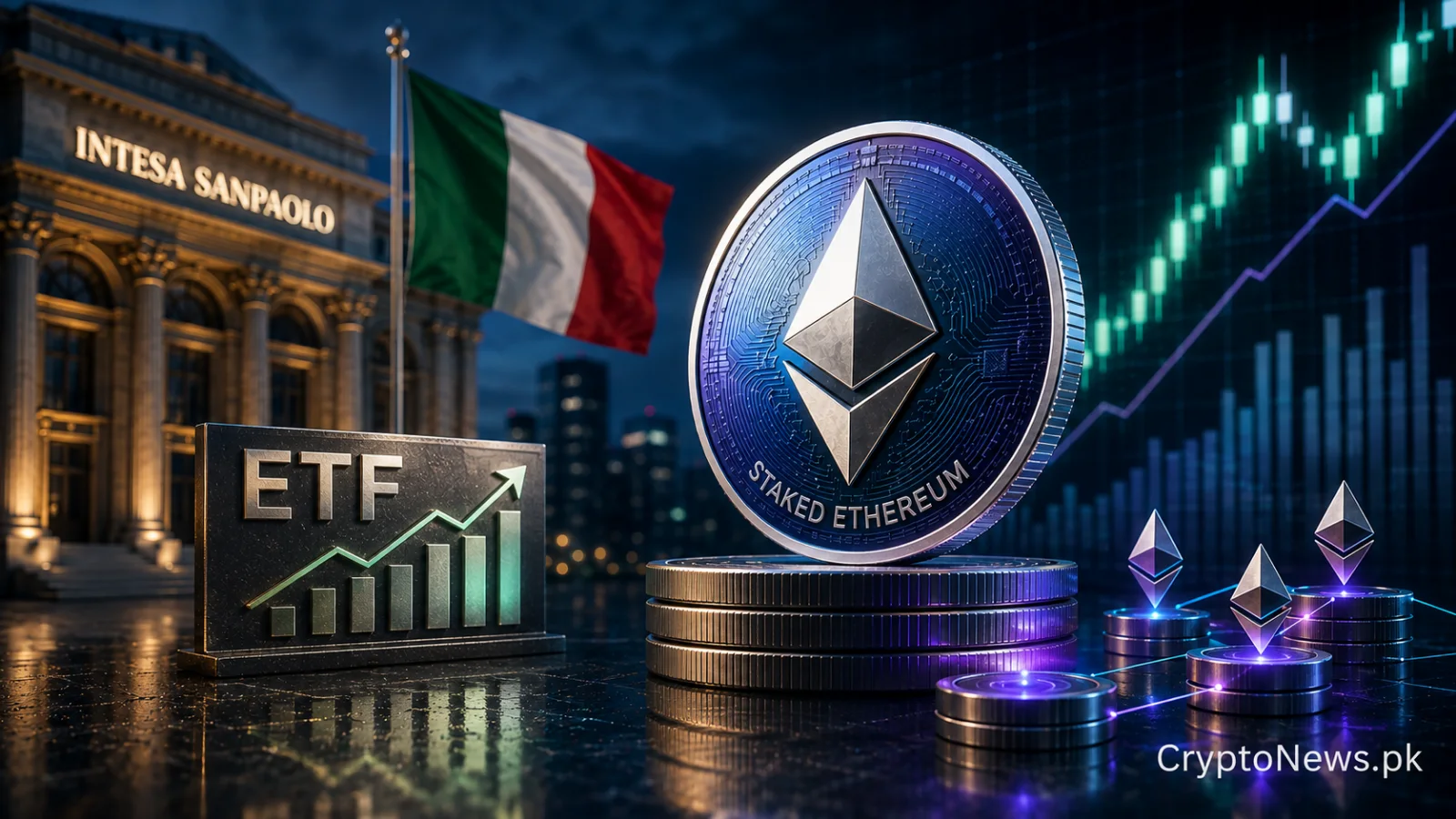 A glowing Ethereum coin represents Intesa Sanpaolo increasing its staked Ether ETF holdings while reducing Bitcoin exposure.