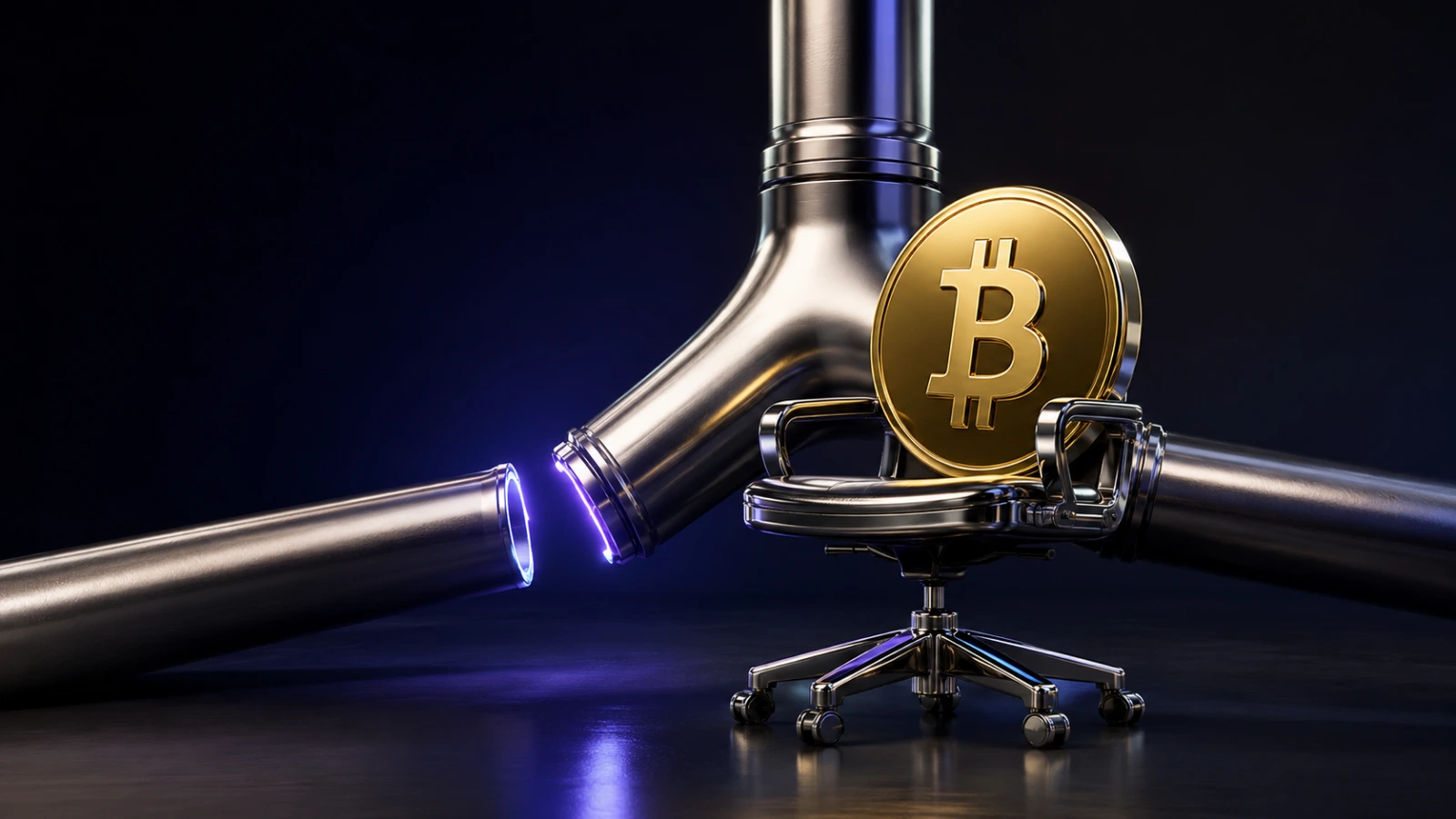 Empty Bitcoin executive chair beside a broken three-way connection symbolizes Jack Mallers’ resignation and abandoned merger plans.s
