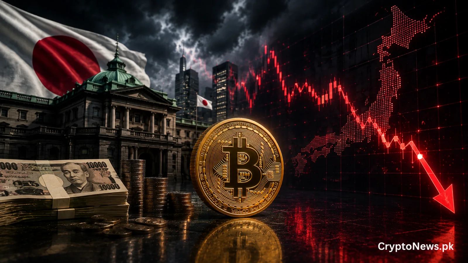 Gold Bitcoin coin beside Japanese financial institutions and volatile market charts, illustrating the impact of yen policy shifts on crypto liquidity