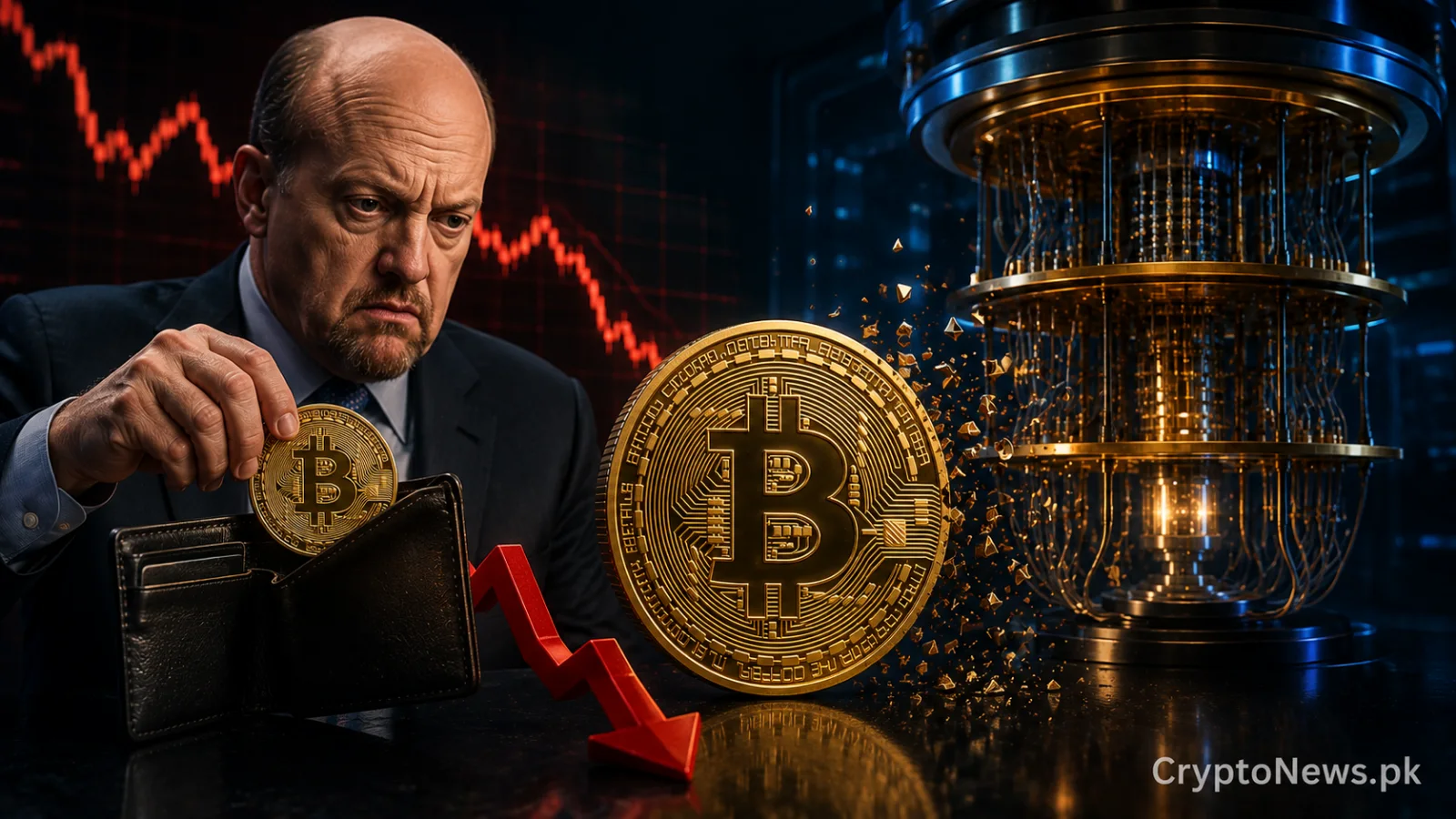 Bitcoin security concept showing a gold Bitcoin coin threatened by a glowing quantum processor, symbolizing Jim Cramer’s sale over future cryptographic risks