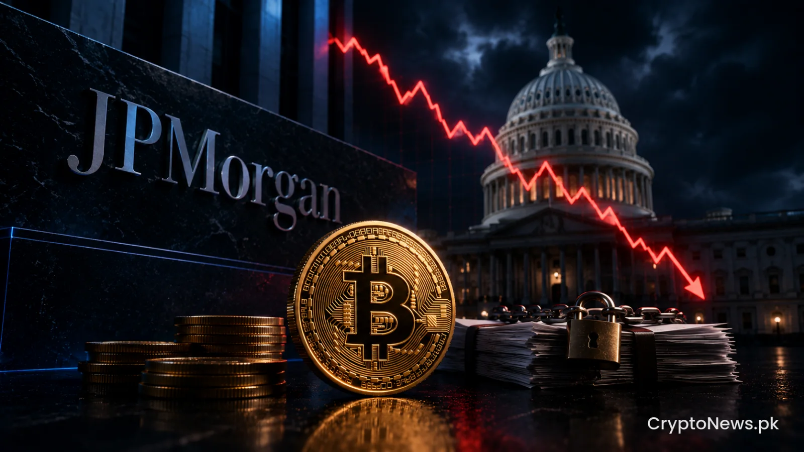 A metallic Bitcoin coin facing a fading U.S. legislation document and declining market chart, symbolizing JPMorgan’s cautious crypto outlook