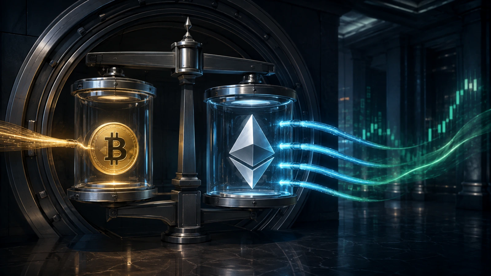 Institutional balance shows rising spot Bitcoin and stronger Ether ETF exposure.