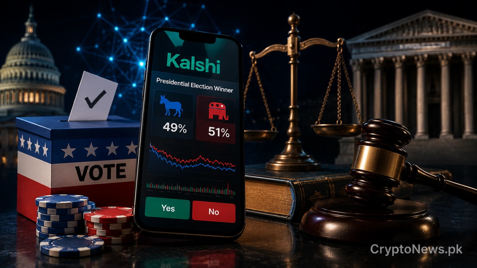 Kalshi election prediction market shown between a ballot box, courthouse, justice scales, and legal gavel.
