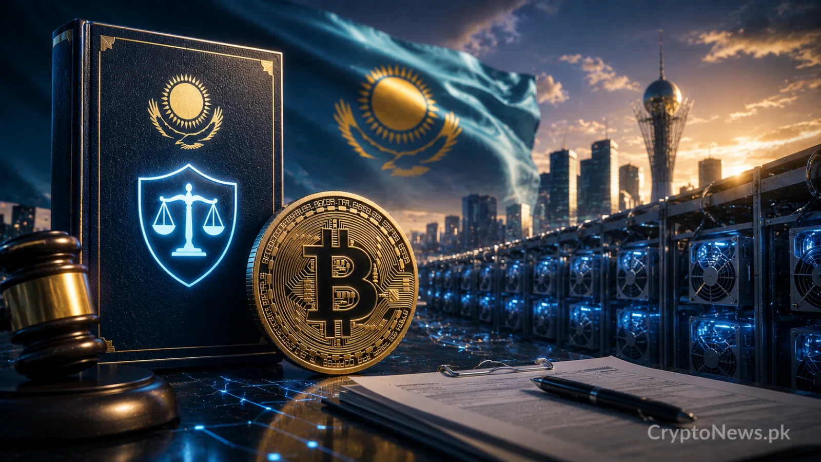 Bitcoin beside regulated mining infrastructure and Kazakhstan’s flag, symbolizing new licensing, energy standards and state reserve rules