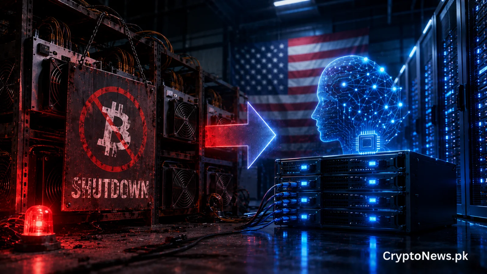 Bitcoin mining server racks transition into AI data-center infrastructure, illustrating Keel’s shutdown of U.S. BTC mining operations and strategic pivot toward high-performance AI computing.