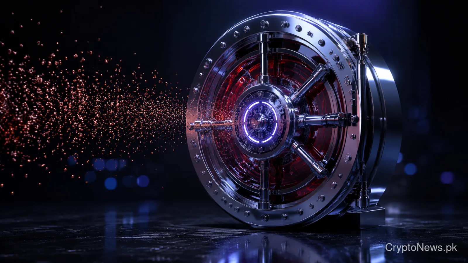 Sanctioned crypto dust particles strike a secured vault, symbolizing temporary Kraken user lockouts.