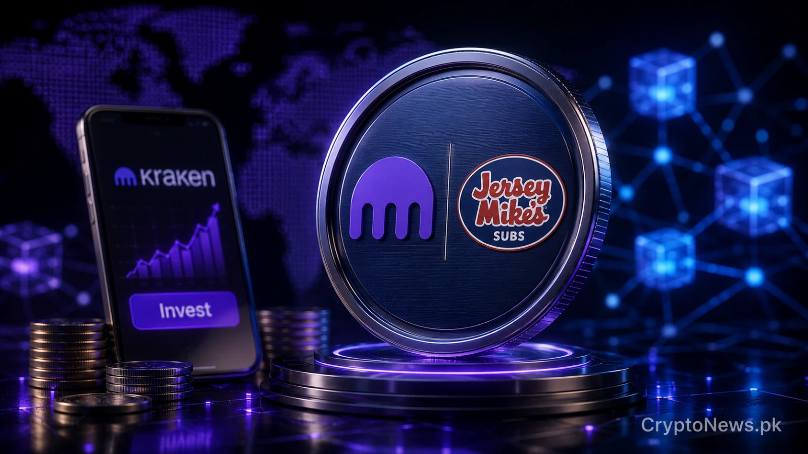 Metallic tokenized stock certificate entering a secure blockchain wallet, symbolizing Kraken’s global access to one-to-one backed Jersey Mike’s shares.
