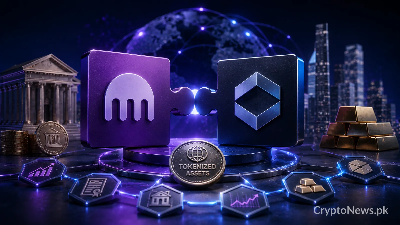 Interlocking fintech platforms connected to a global blockchain network, representing Payward and GTN expanding tokenized stock access.