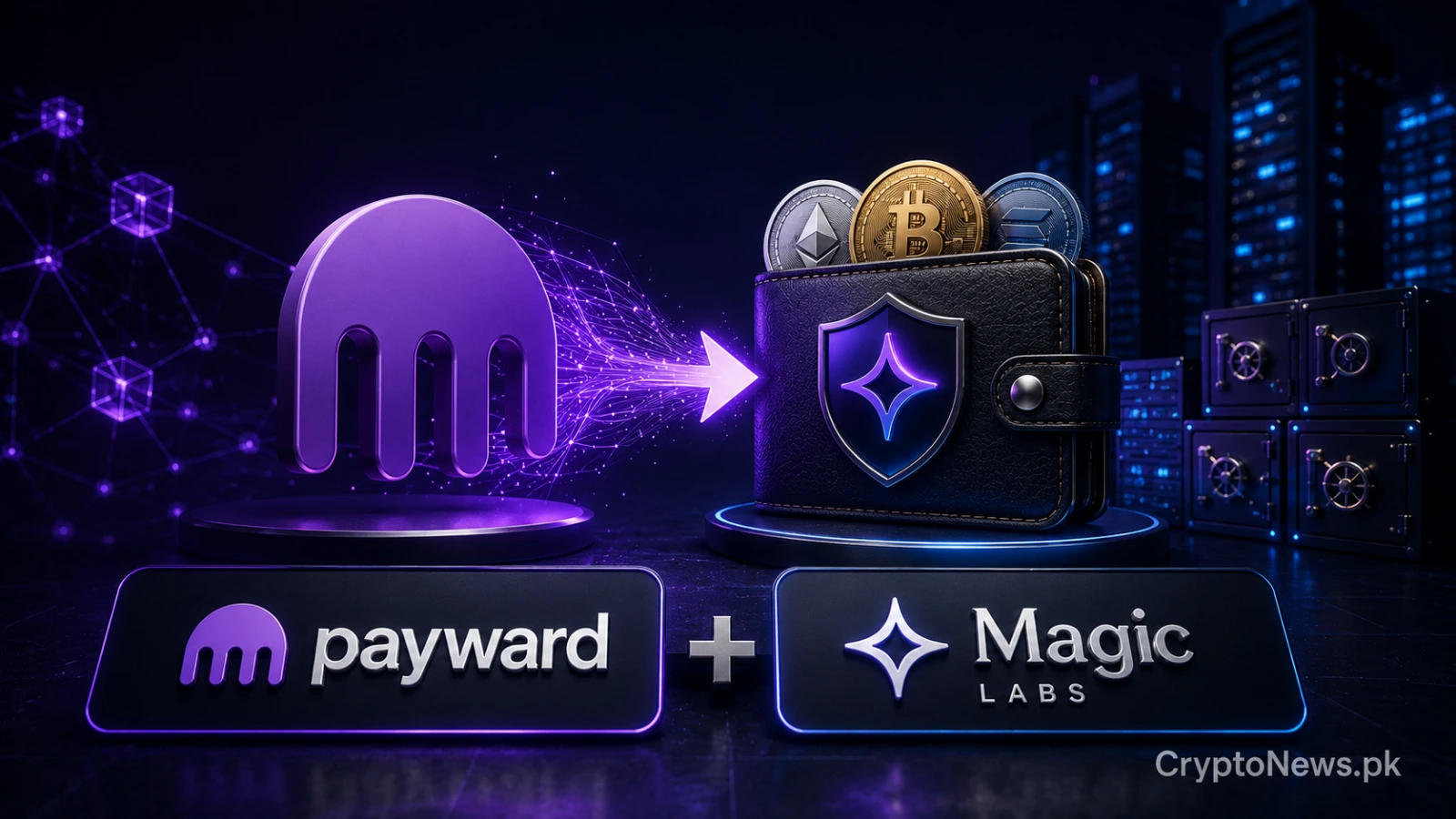 Secure digital wallet merging with enterprise blockchain infrastructure, symbolizing Payward’s acquisition of Magic Labs’ embedded wallet business.