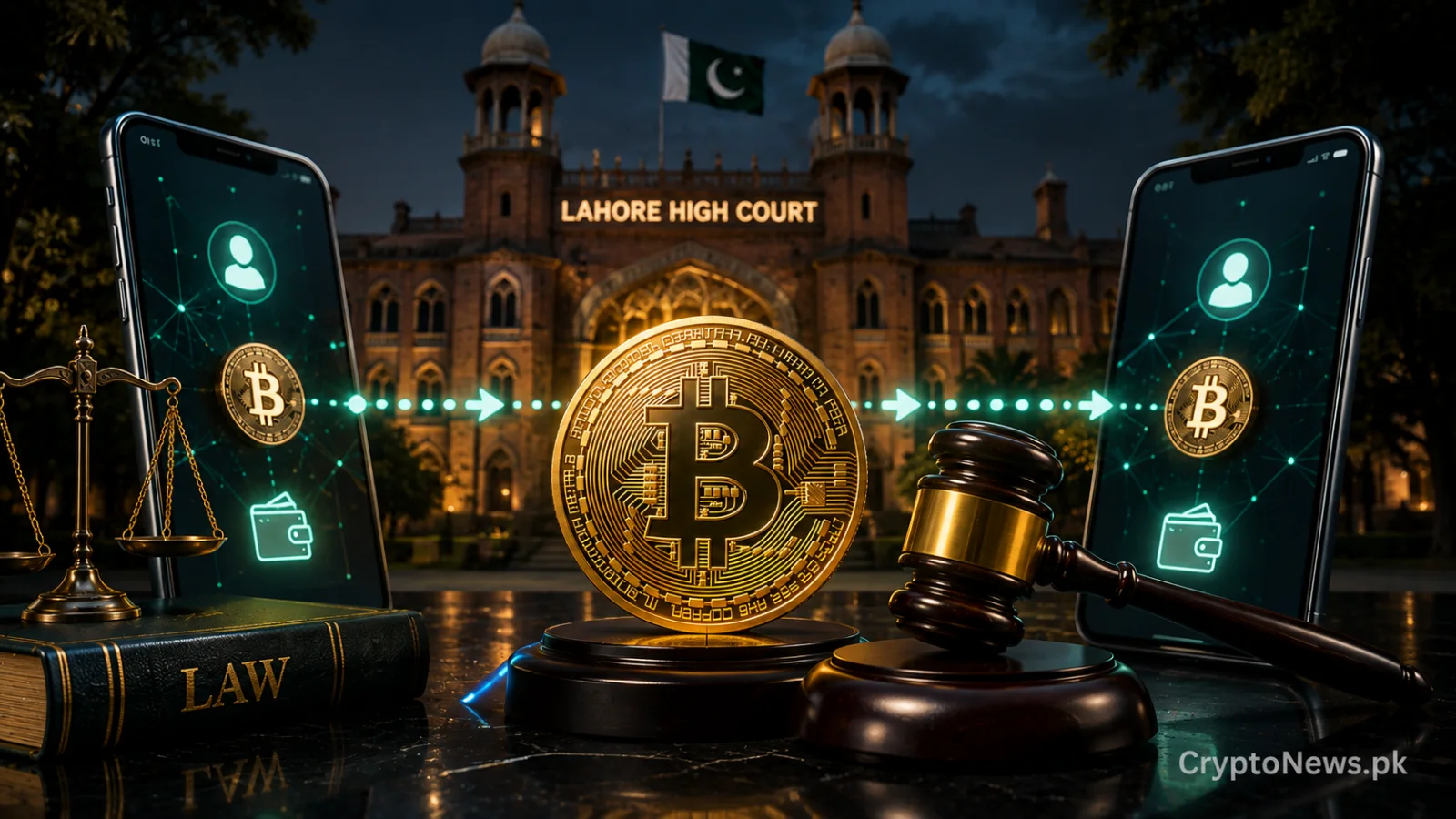 Gold Bitcoin coin between connected P2P wallets, a judge’s gavel and the Lahore High Court, illustrating legal clarity for crypto trading in Pakistan.