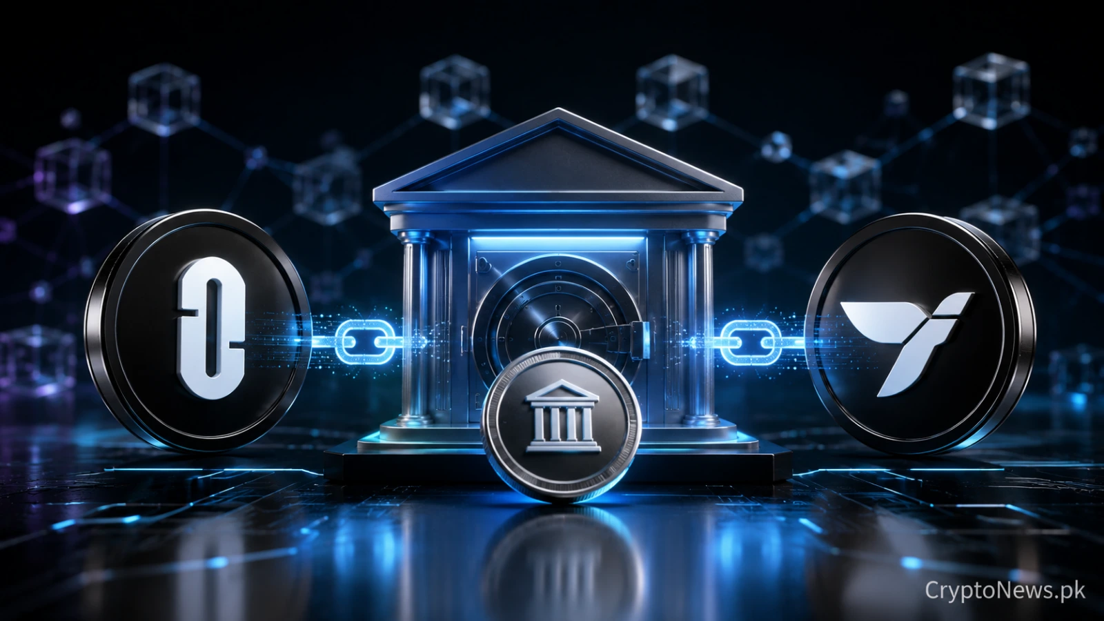 LayerZero and Keeta tokens linked to a digital bank vault, representing cross-chain tokenized bank deposits.
