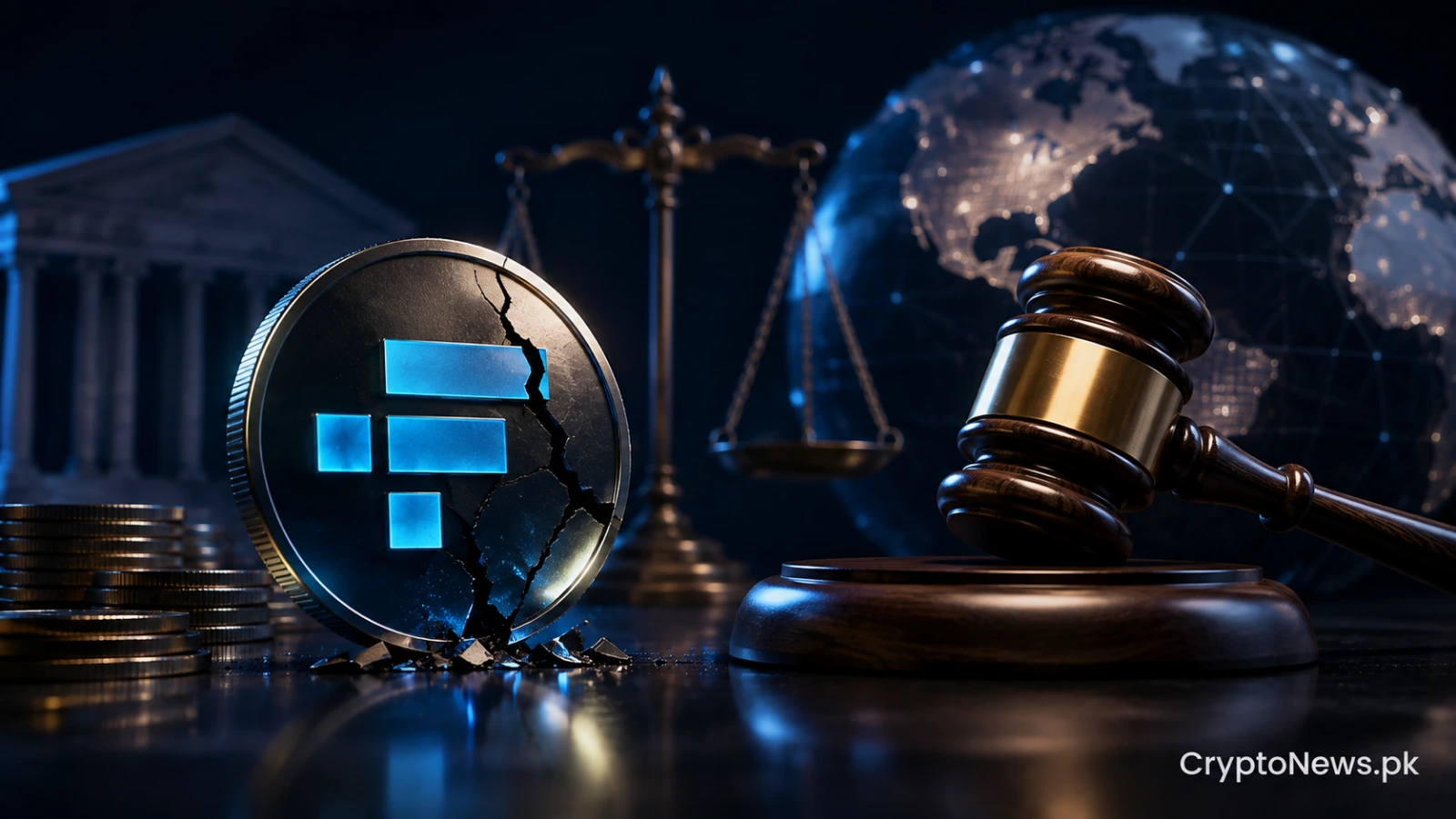 Metallic crypto token beneath a judge’s gavel, symbolizing FTX bankruptcy proceedings and global market integrity enforcement