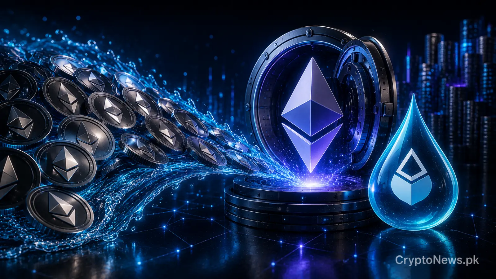 چاندی کا ایتھریم سکہ جو Lido کی آٹھ ملین ETH کی اپ گریڈ شدہ انفراسٹرکچر میں منتقلی کو ظاہر کرتا ہے