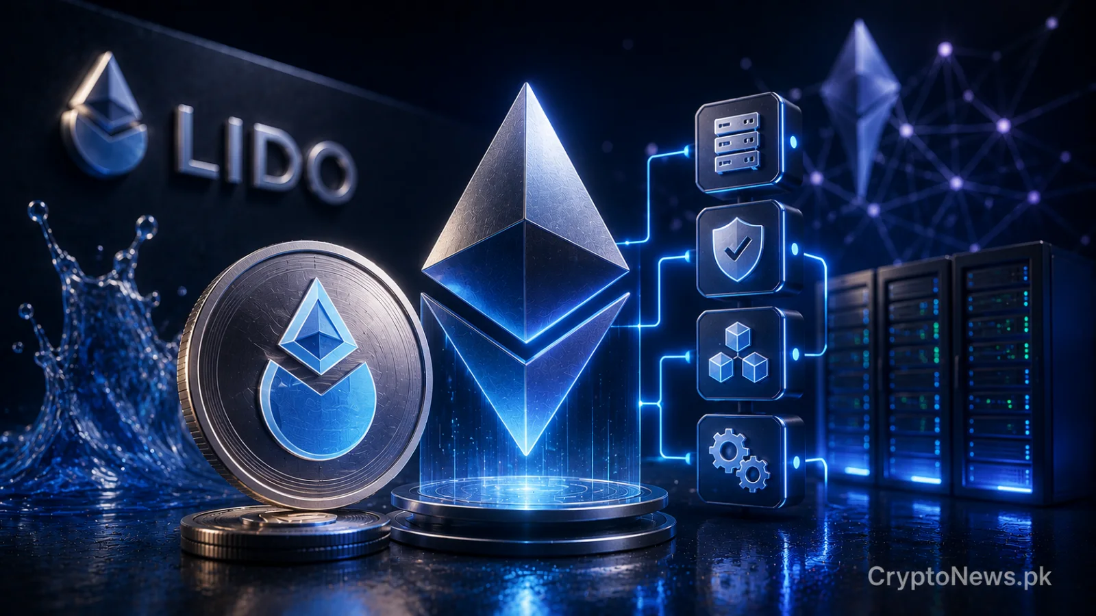 ایک سلور ایتھریم سکہ اور ویلیڈیٹر انجن، جو Lido Curated Module v2 کے ذریعے نیٹ ورک کی کارکردگی کو ظاہر کرتا ہے۔