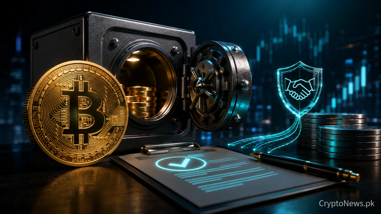 Gold Bitcoin coin beside a secure institutional vault and digital credit agreement, representing Lombard Finance and Flow Traders’ Bitcoin-backed lending strategy.