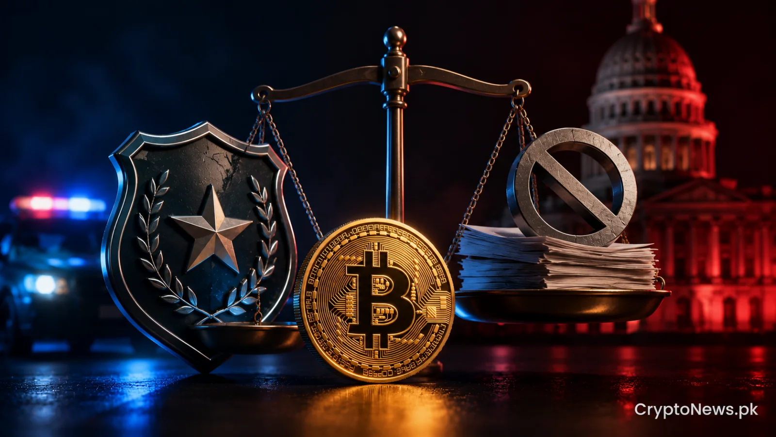 Metallic scales balancing law enforcement and state regulatory authority over a crypto coin, symbolizing the CLARITY Act debate.