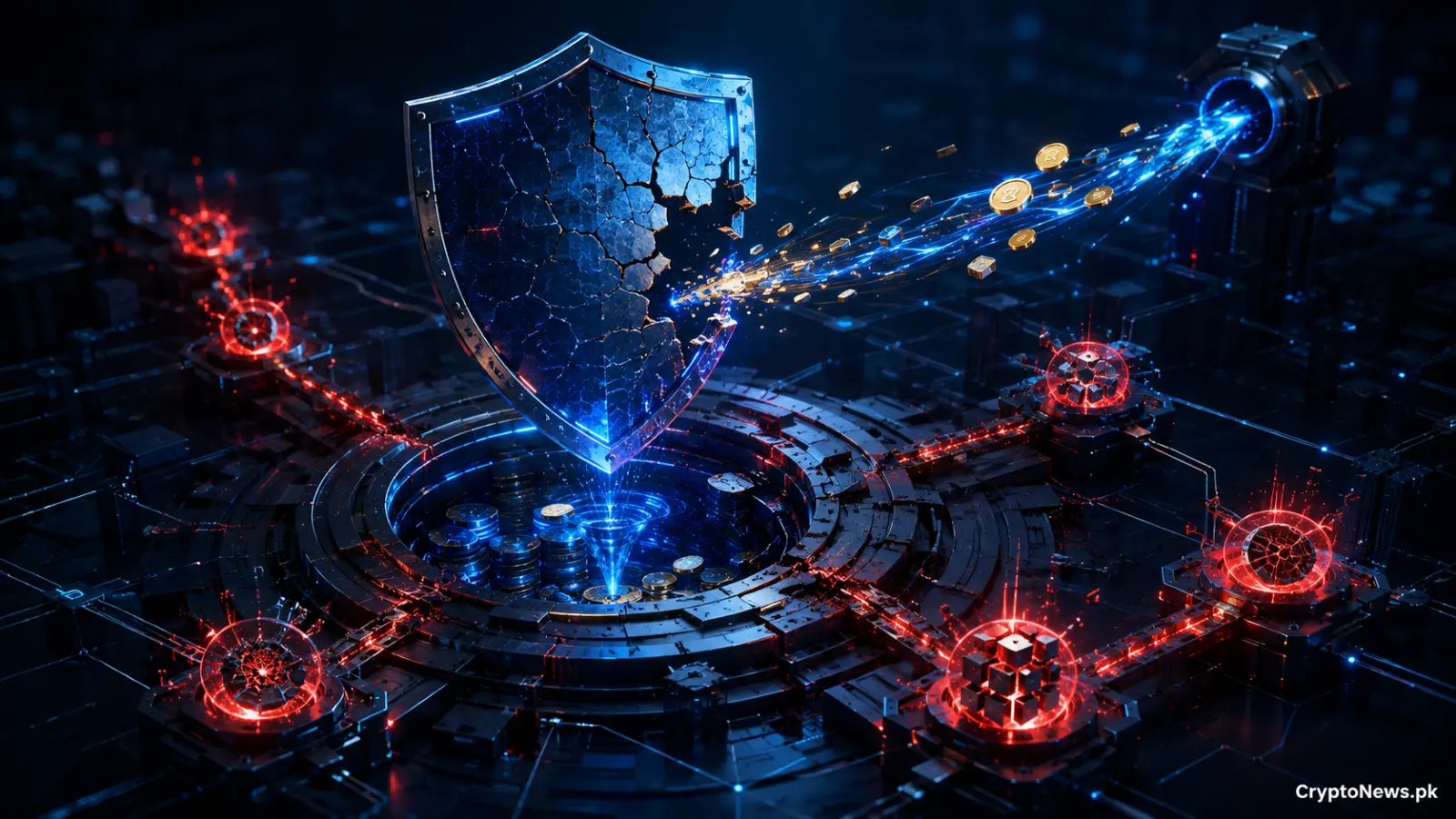 A cracked digital shield and draining liquidity pool illustrating the Maya Protocol multi-bug exploit.
