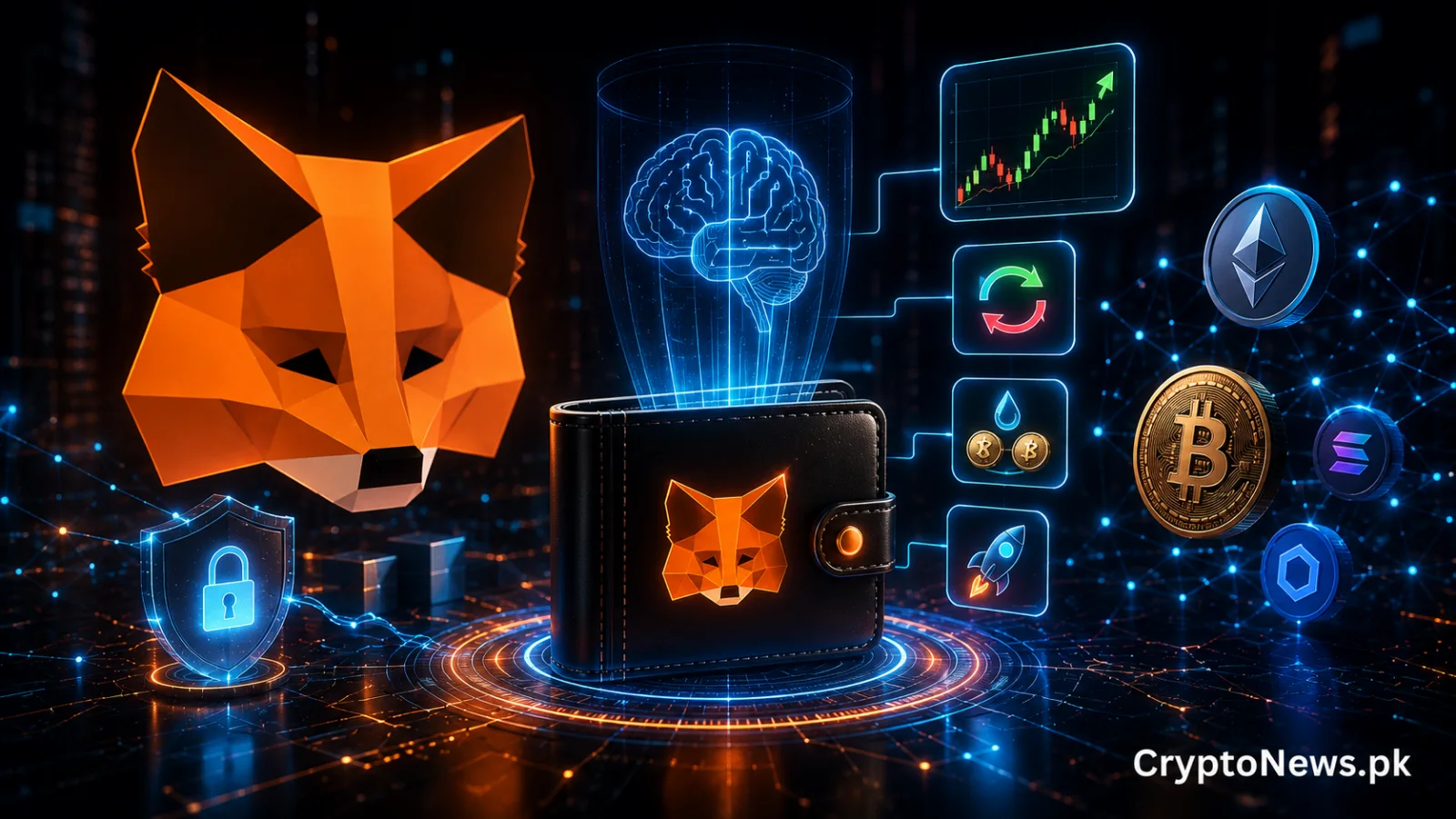 MetaMask-style wallet, AI agent and crypto assets symbolize automated self-custodial on-chain trading with user-defined controls.