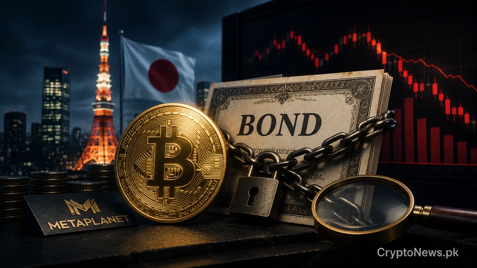 Gold Bitcoin coin secured against a corporate bond and institutional balance scale, symbolizing scrutiny of Metaplanet’s debt-backed Bitcoin treasury strategy.