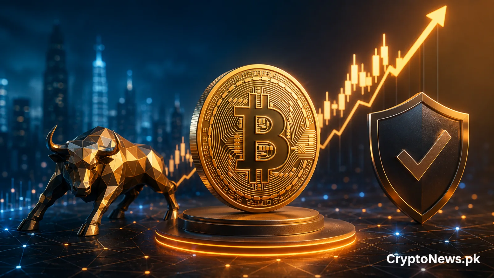 Golden Bitcoin coin beside a metallic bull and rising market chart, symbolizing Metaplanet’s reaffirmed Bitcoin strategy amid market rumors.