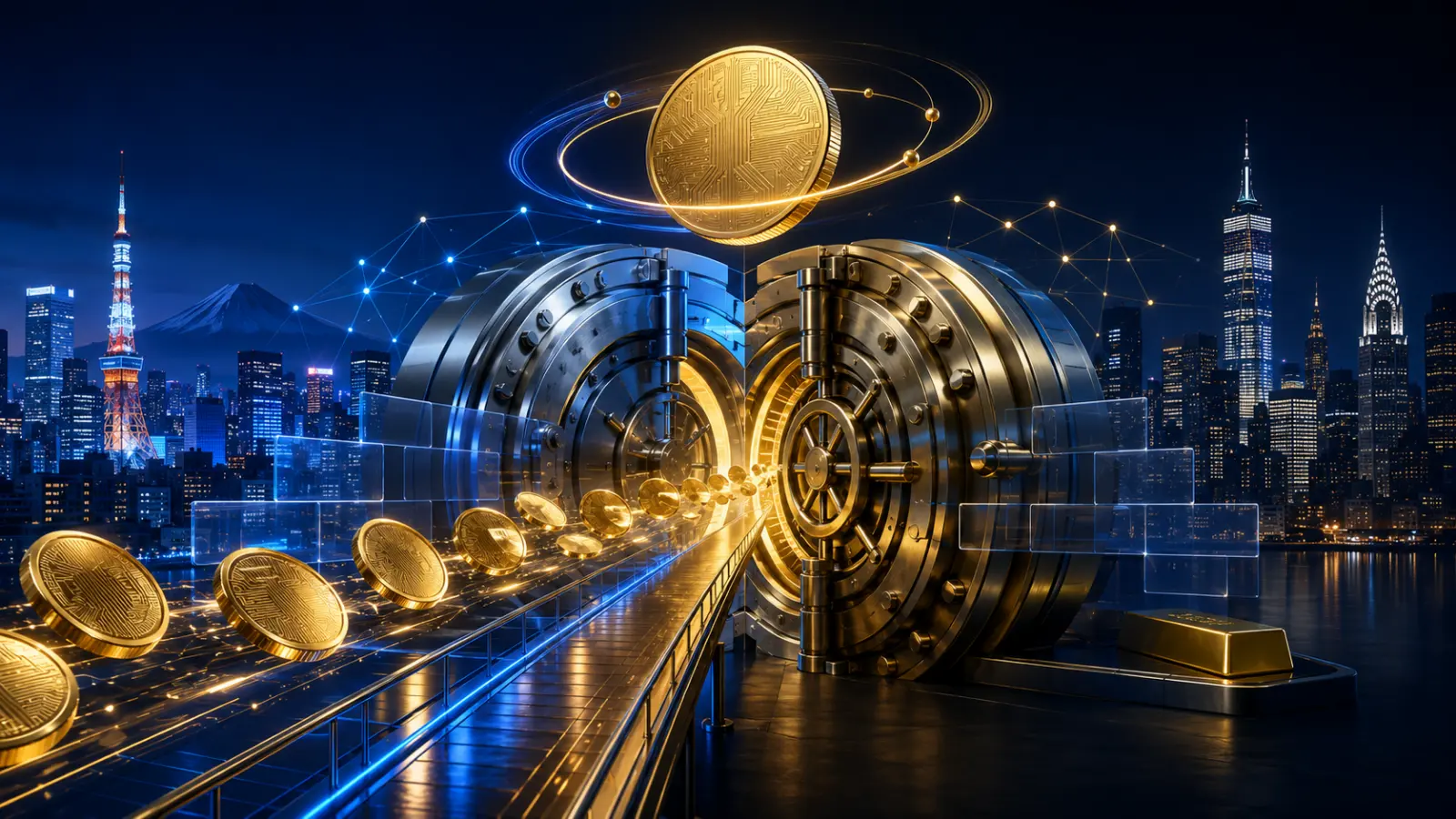 A Bitcoin treasury bridge links Tokyo and New York through Metaplanet’s U.S. acquisition.