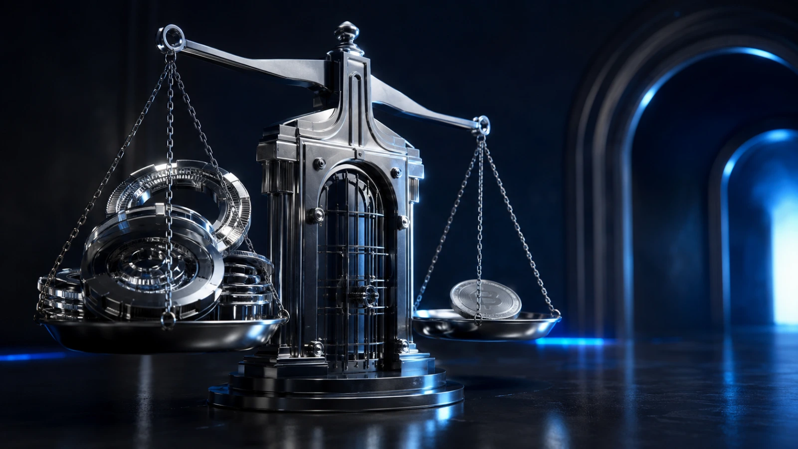 Chrome regulatory scales weigh heavy MiCA compliance costs as a crypto firm moves toward the European market exit.