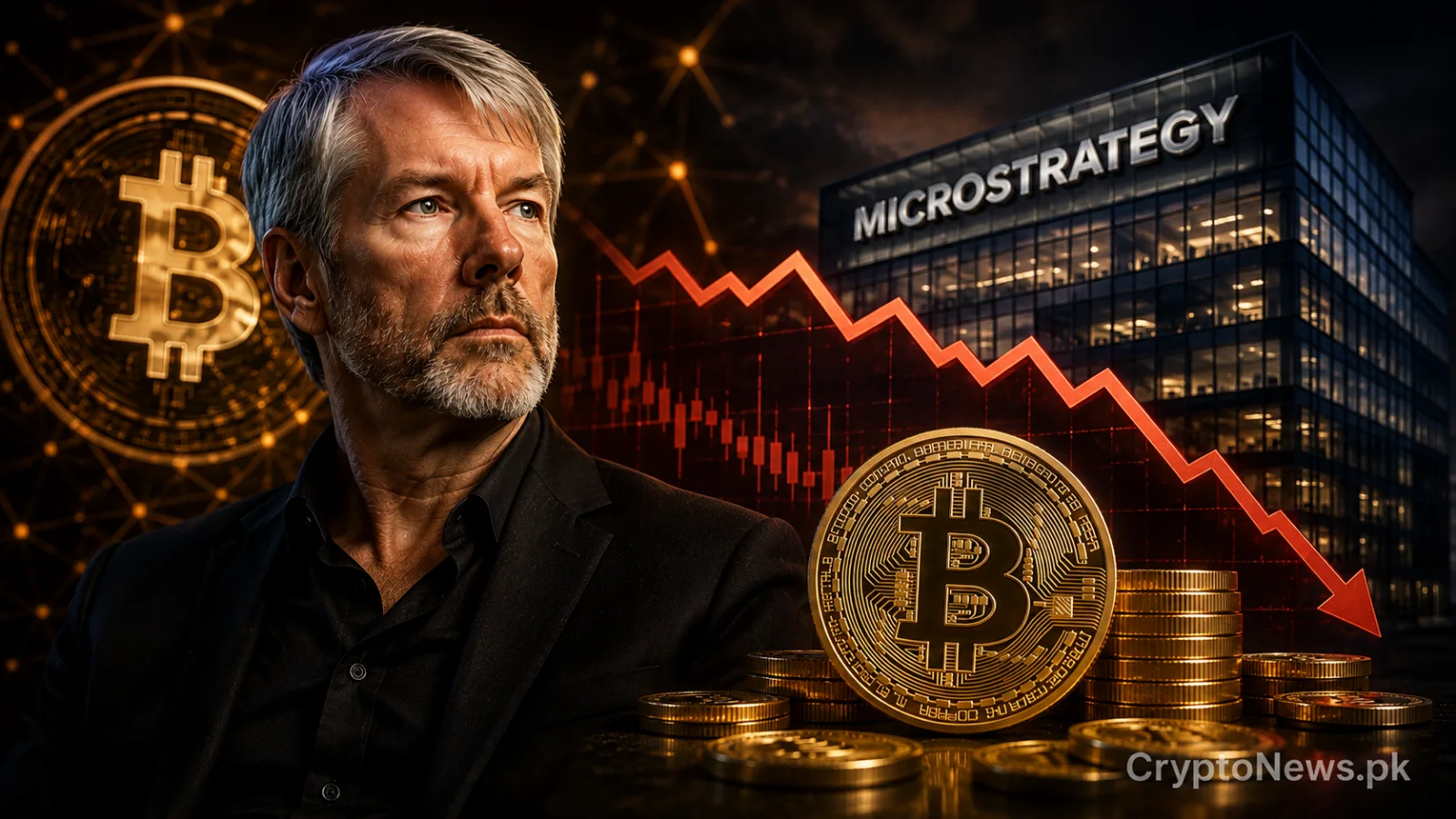 Michael Saylor beside a gold Bitcoin coin, contrasting personal holding conviction with corporate treasury sales.