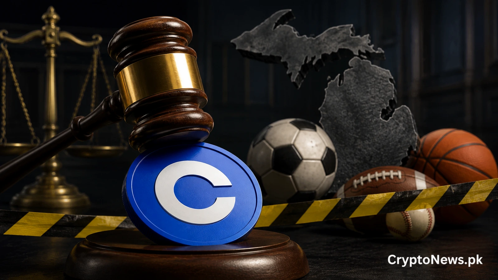 Coinbase coin beneath a judge’s gavel with Michigan map and sports equipment, representing Michigan sports betting enforcement.