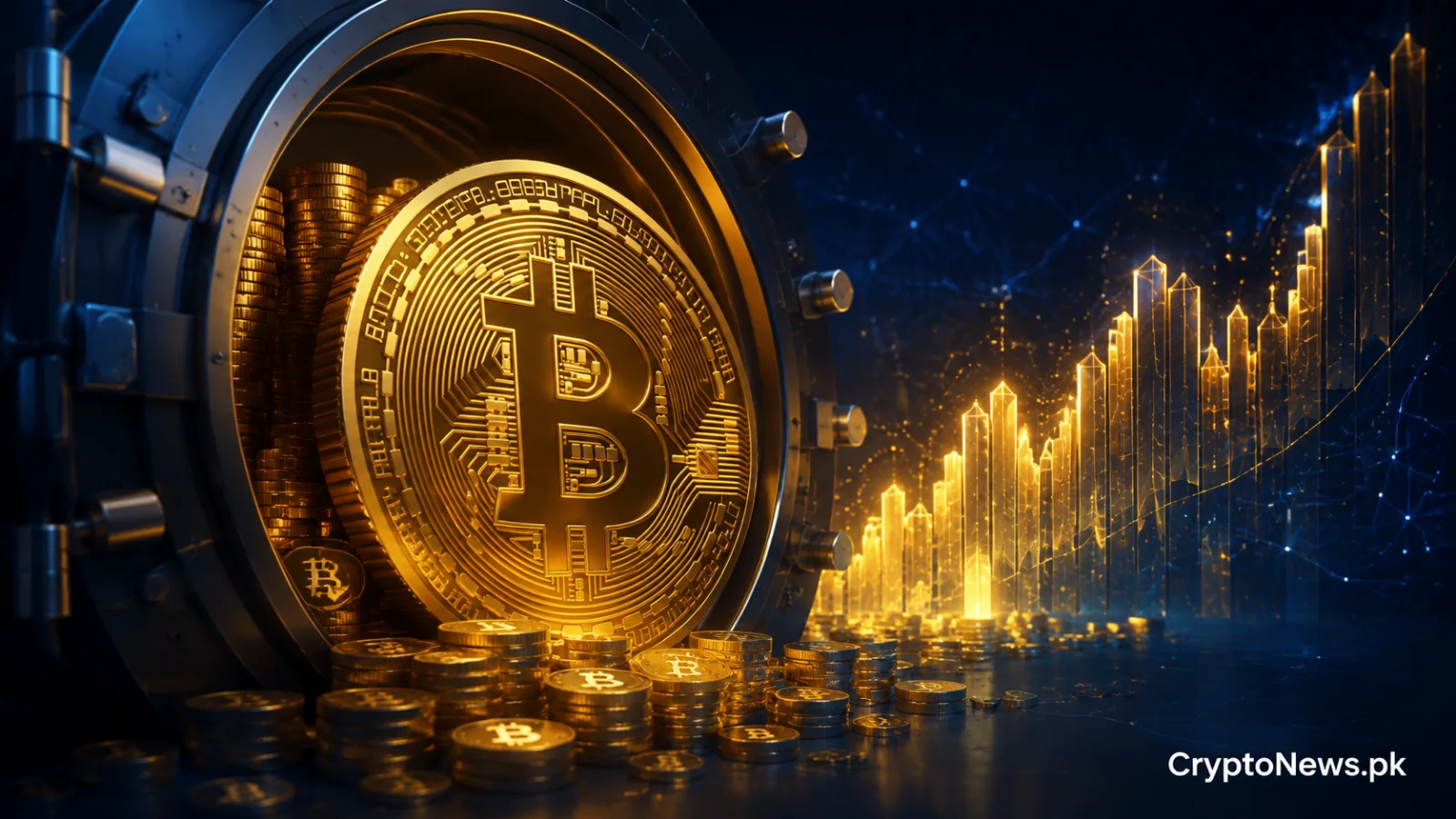 Golden Bitcoin emerging from an institutional vault beside a rising market chart, representing MicroStrategy’s unrealized gains.
