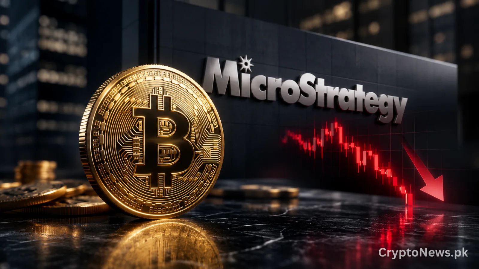 Golden Bitcoin in front of a dark institutional vault symbolizing MicroStrategy's buying pause and market speculation.
