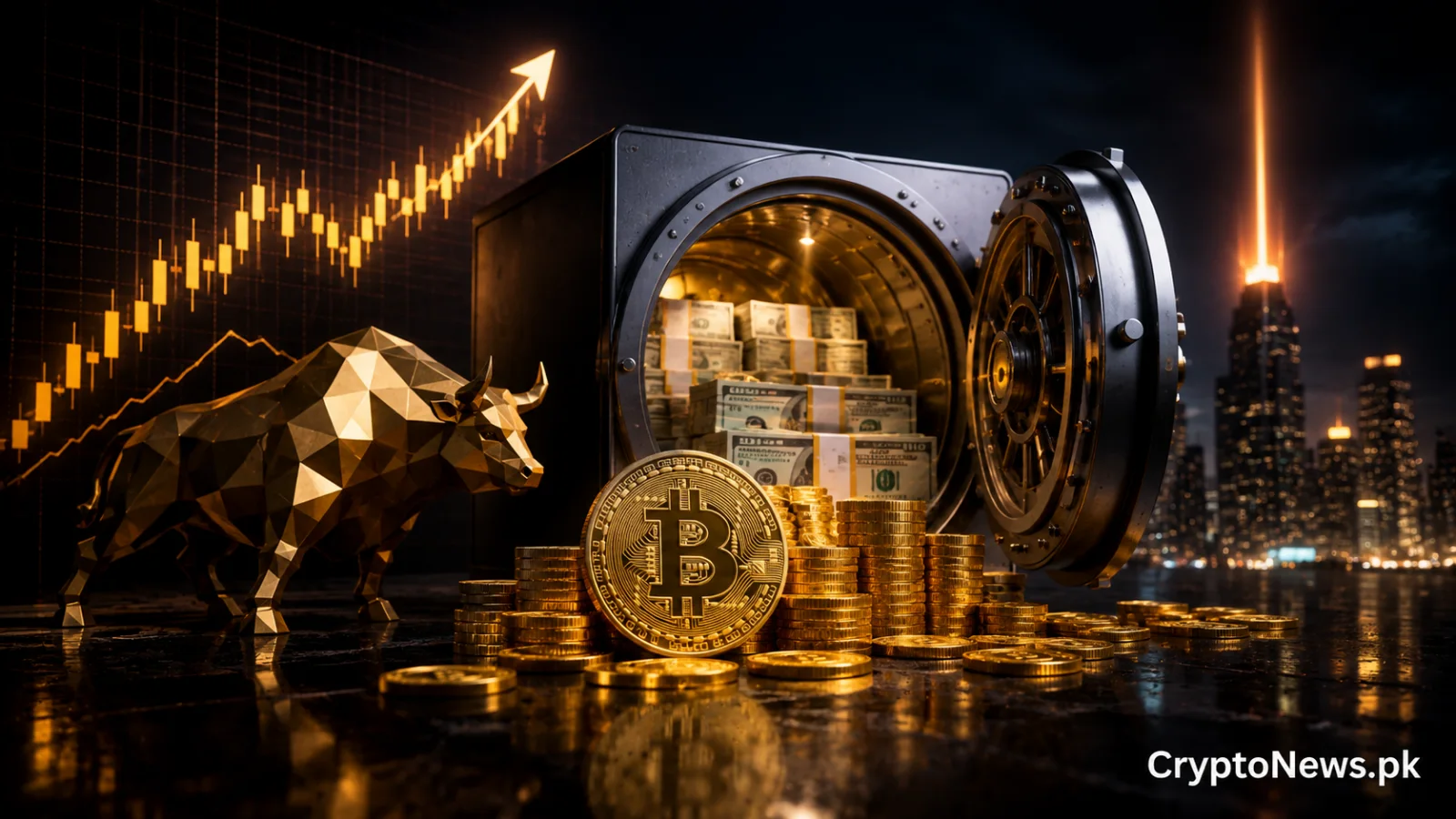 Bitcoin beside a cash-filled institutional vault and rising market chart, illustrating MicroStrategy’s $4.75 billion liquidity reserve alongside its Bitcoin-focused treasury strategy.