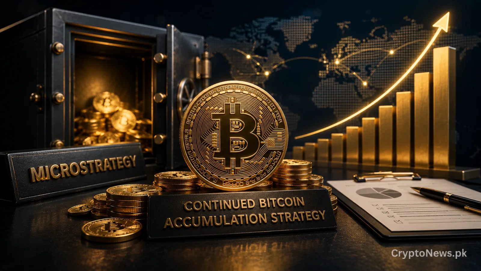 Gold Bitcoin coin with institutional market infrastructure and a rising chart, illustrating MicroStrategy’s long-term accumulation strategy.