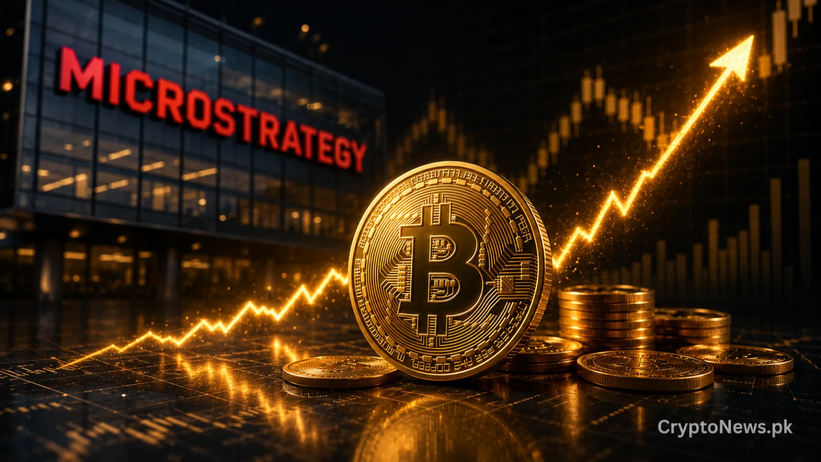 Large gold Bitcoin coin beside corporate towers and a rising market chart, symbolizing renewed MicroStrategy accumulation speculation