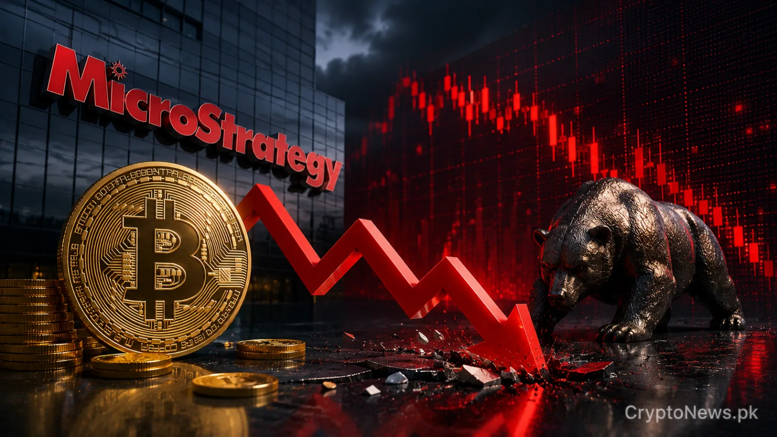 MicroStrategy building, Bitcoin and a falling market chart representing its multibillion-dollar quarterly loss amid crypto volatility.