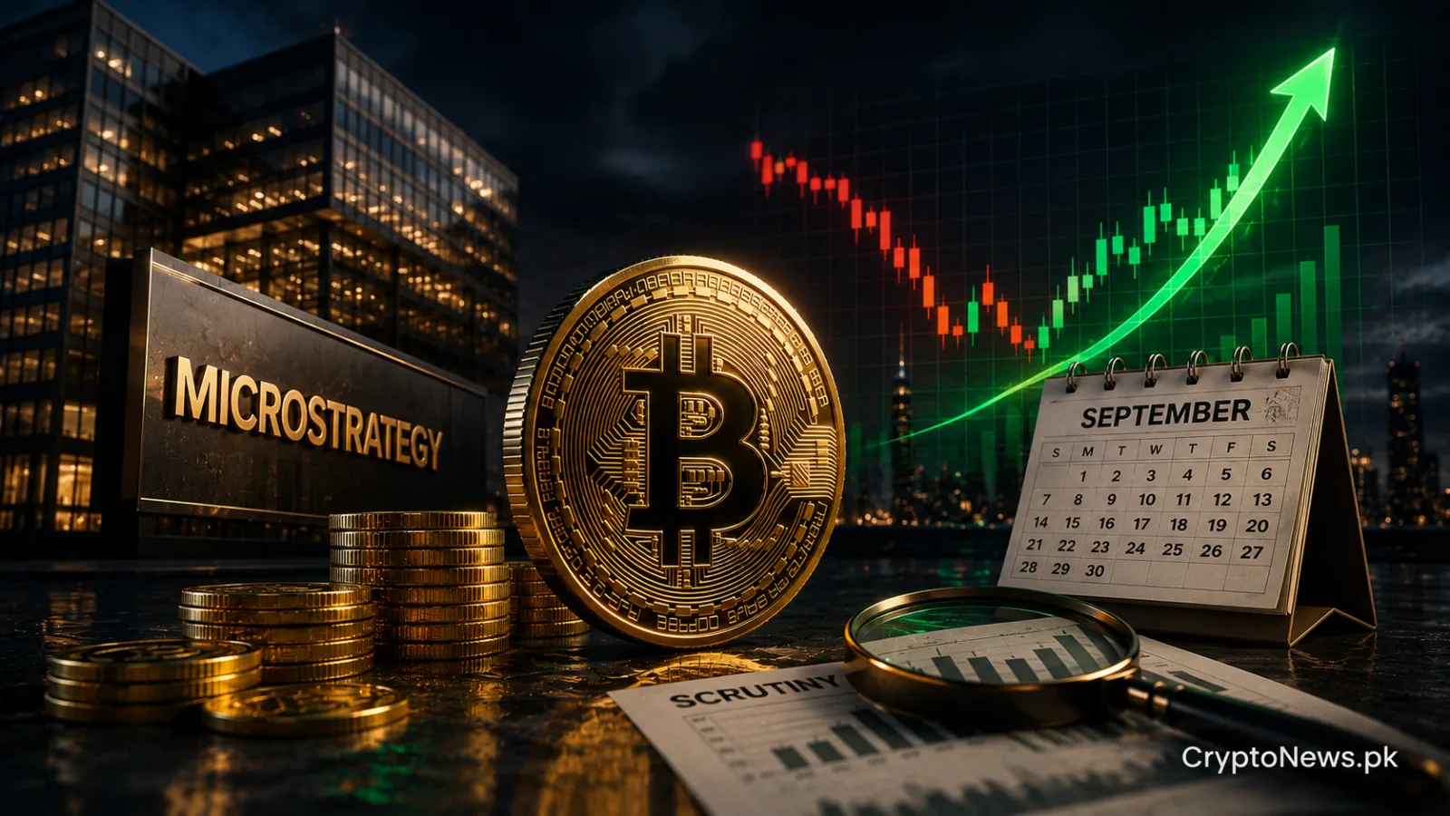A polished Bitcoin coin beside a recovering institutional finance chart, symbolizing MicroStrategy’s September recovery target and continued accumulation strategy
