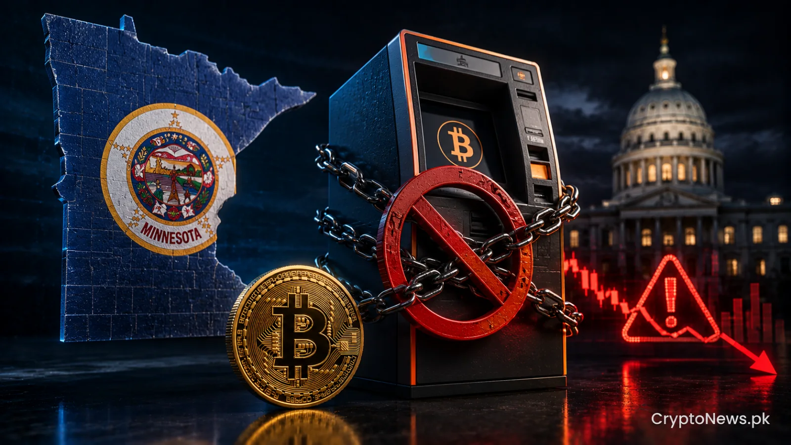 A disabled Bitcoin ATM behind a regulatory barrier, symbolizing Minnesota’s ban following widespread crypto kiosk fraud