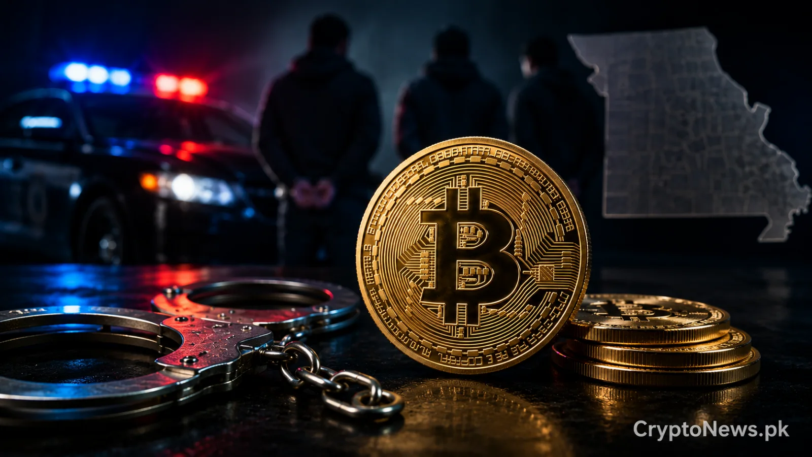 Golden Bitcoin beside handcuffs and police lights, representing an alleged kidnapping conspiracy targeting a crypto holder.
