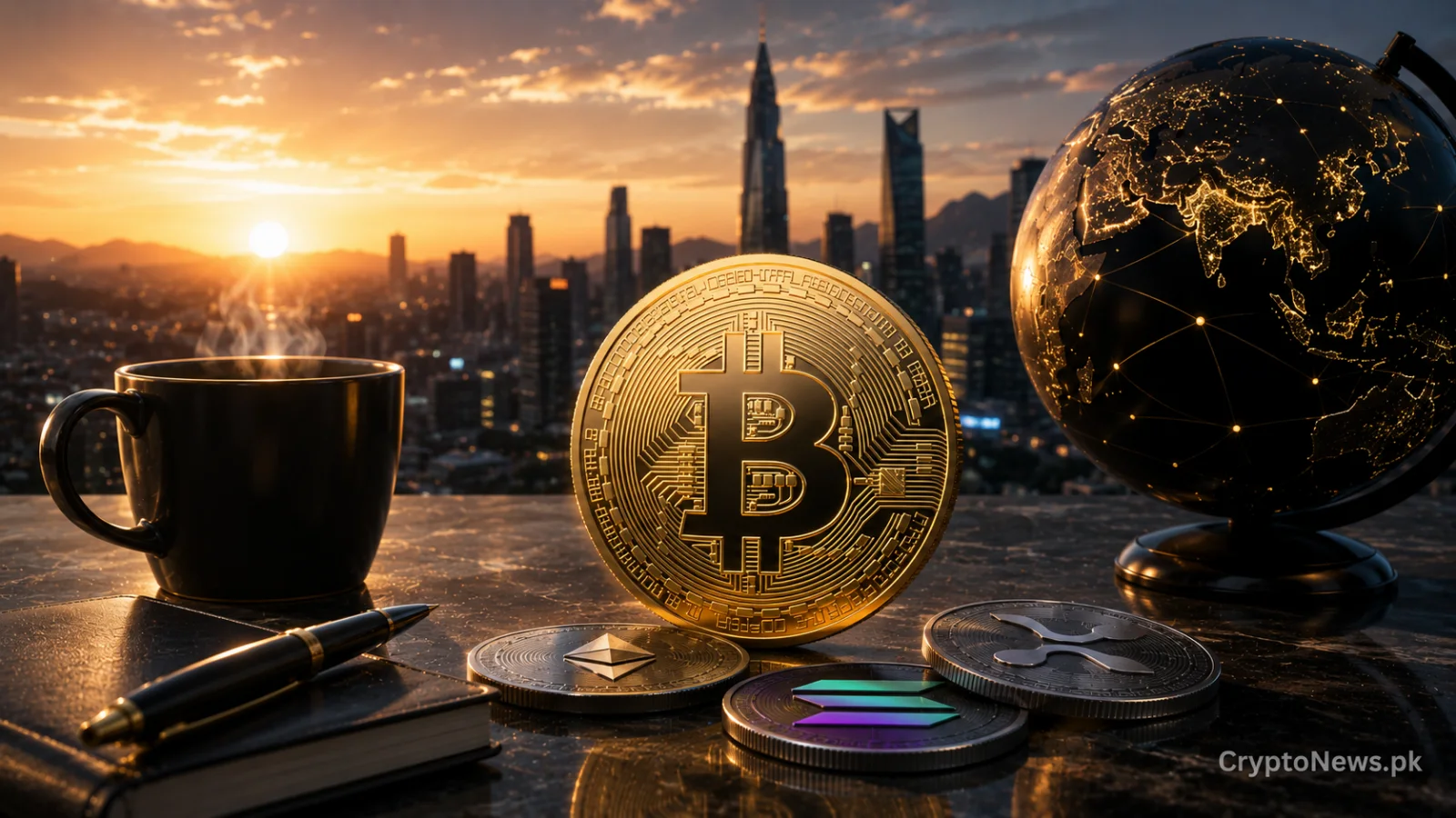 Golden Bitcoin coin at sunrise with major crypto assets, representing cautious PKR market trading and persistent fear sentiment