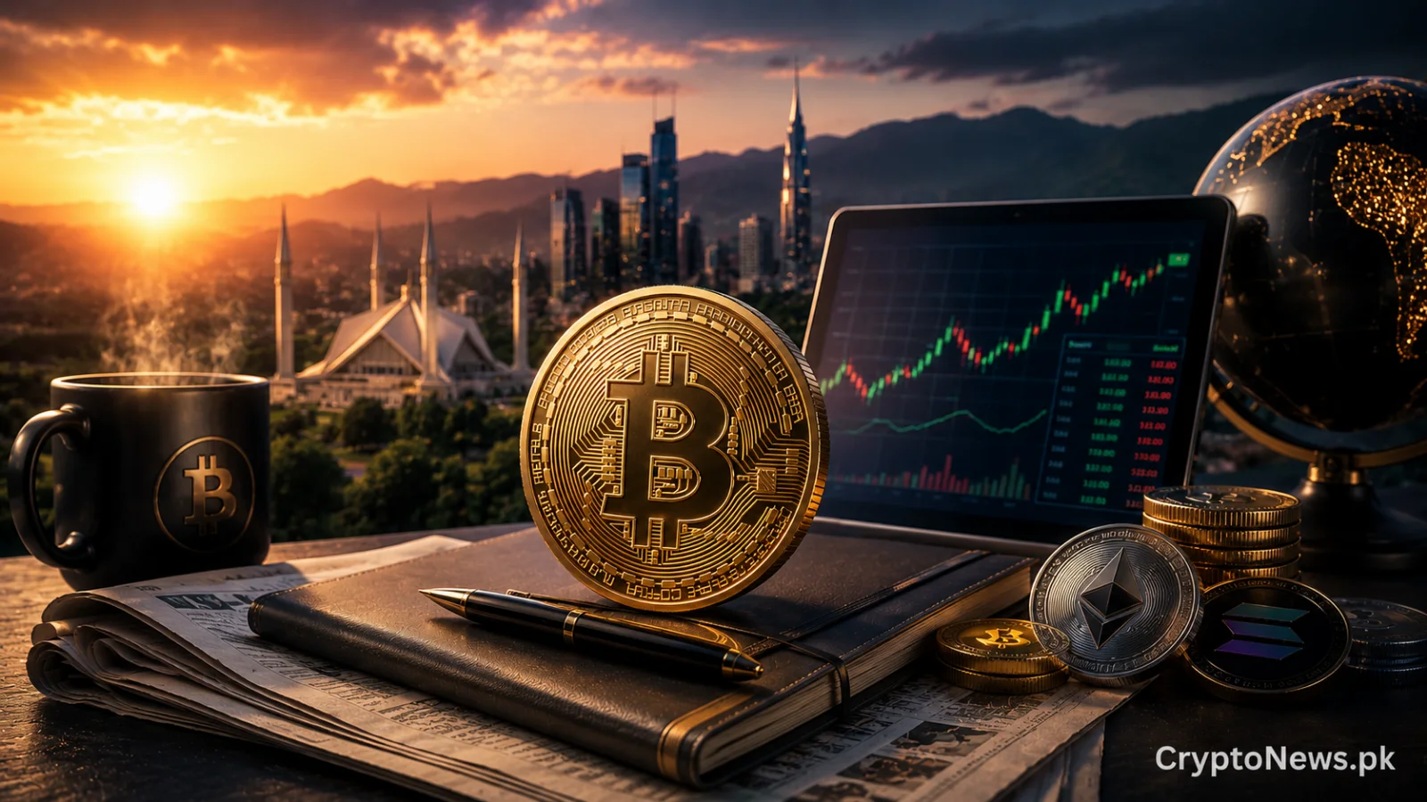 sunrise over Pakistan with declining crypto market indicators, representing fear-driven PKR market pressure.`