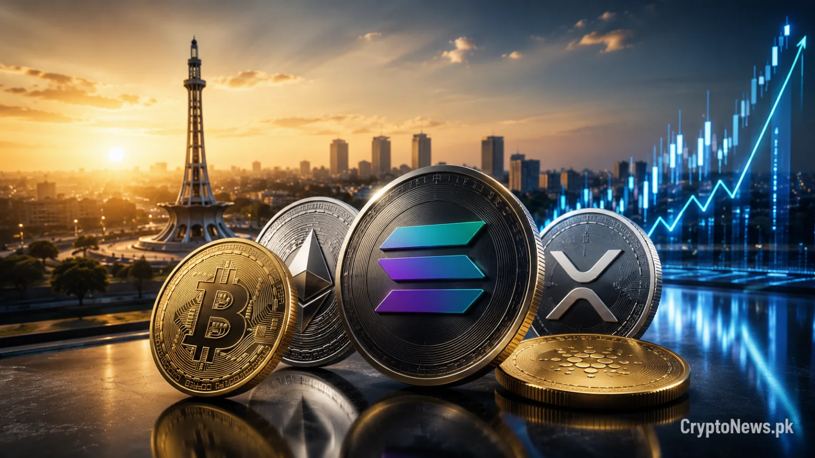 Metallic Bitcoin coin beside a falling crypto market chart, reflecting cautious PKR trading and market fear in Pakistan