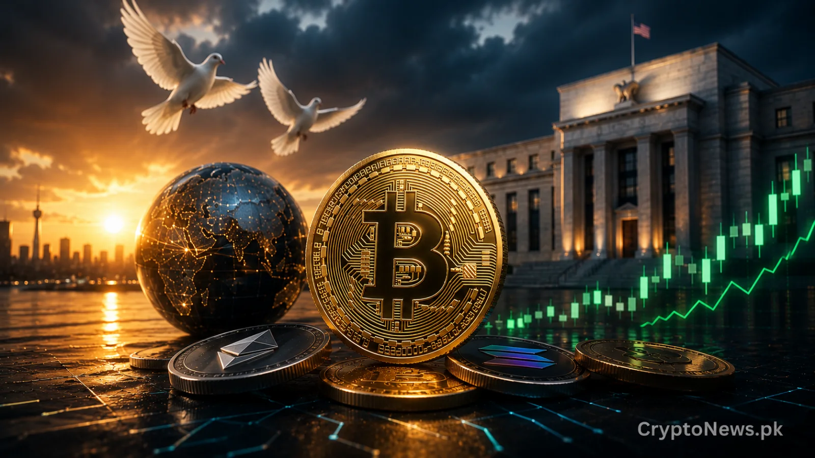 Golden Bitcoin beside a Pakistani rupee coin, reflecting cautious crypto market sentiment and stablecoin liquidity.