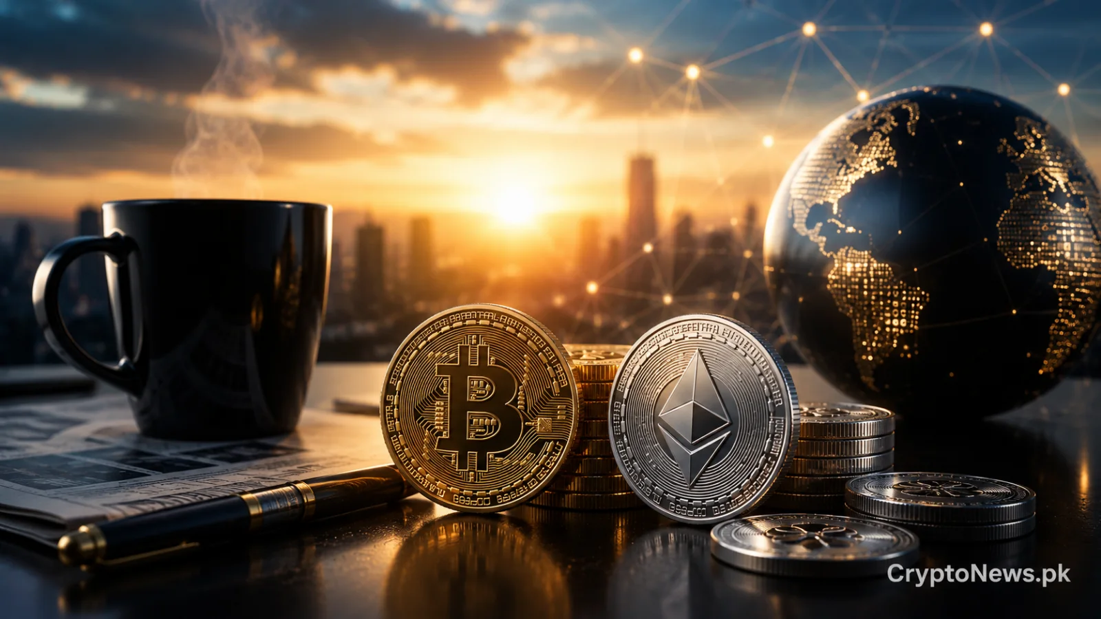 Metallic Bitcoin coin rising at dawn above a cautious crypto market, reflecting modest PKR gains and persistent fear sentiment.