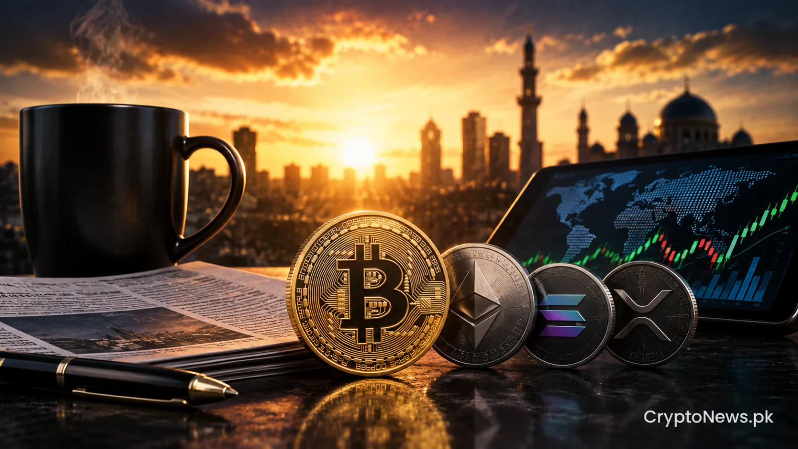 A polished Bitcoin coin beside Pakistani rupee notes and a subdued market chart, reflecting cautious crypto sentiment in Pakistan.