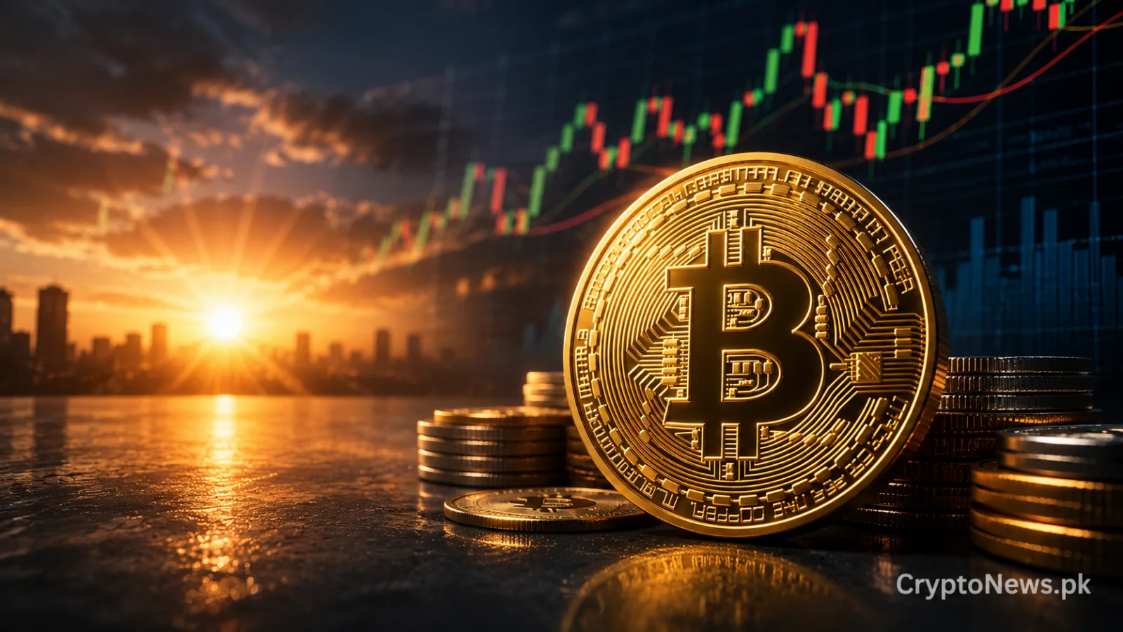 Gold Bitcoin coin against a dark PKR market backdrop with cautious red and green trading signals, reflecting fearful but stable sentiment.