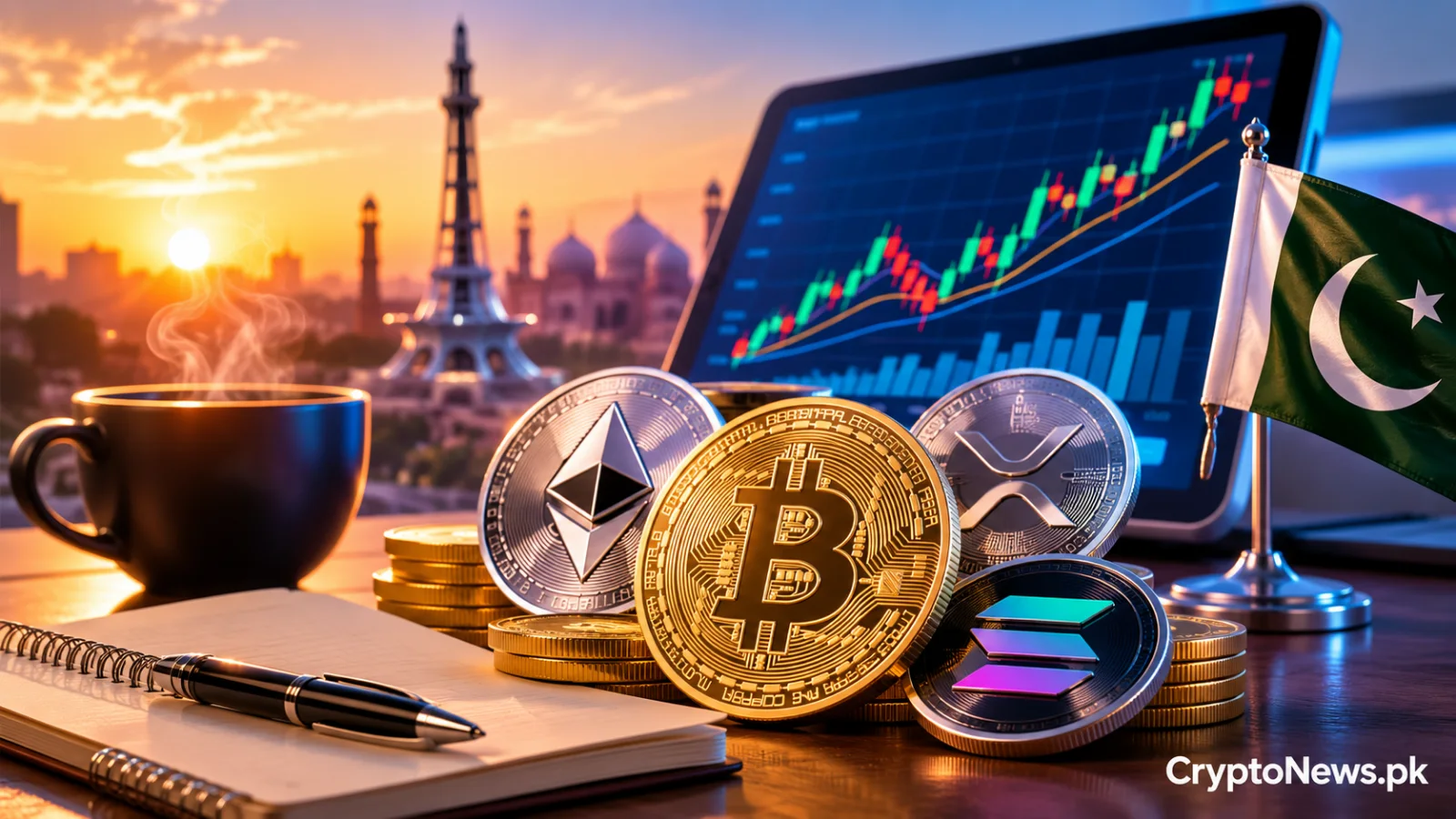 Gold Bitcoin coin beside a morning coffee and rising crypto market chart during a cautious PKR market recovery.
