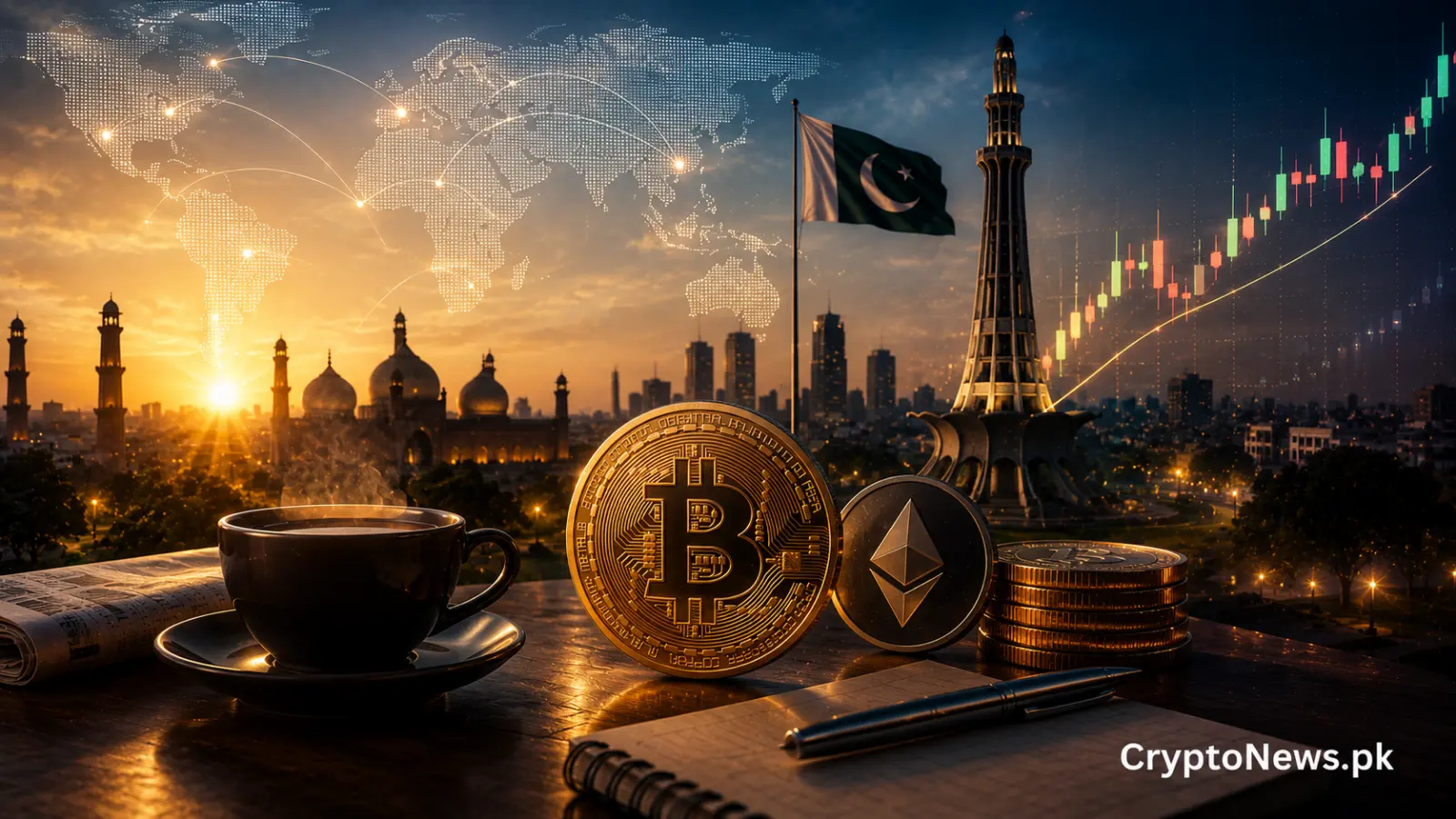 Pakistan crypto morning market brief featuring Bitcoin and Ethereum against Lahore’s skyline, with rising market charts and PKR-focused trading sentiment.